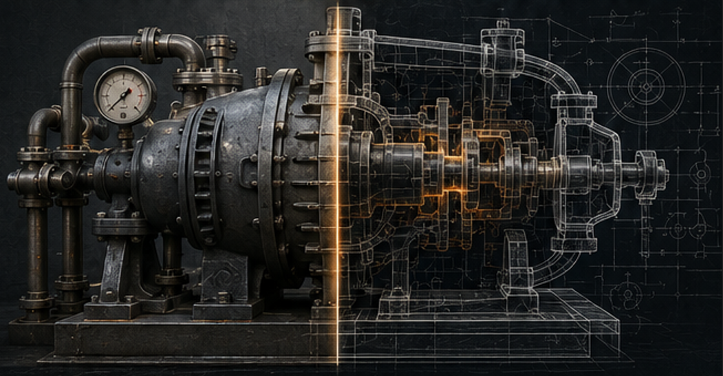 Industrial machine transitioning from physical equipment to engineering blueprint