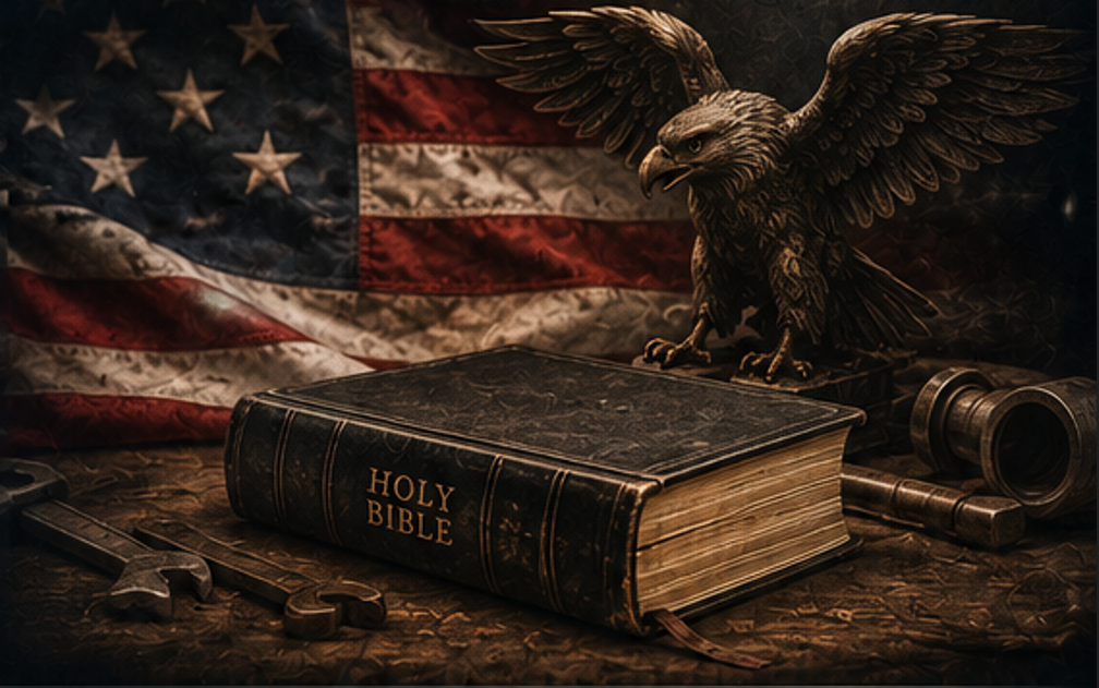 American flag, eagle and Bible representing faith, country and legacy